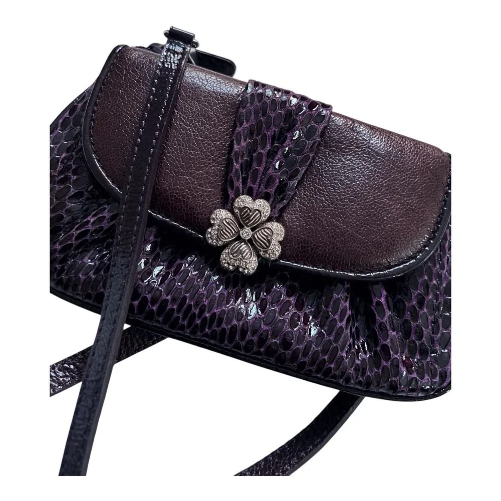 BRIGHTON Crossbody Purple Lucky Clover Heart Snakeskin Leather Mini Purse Clutch